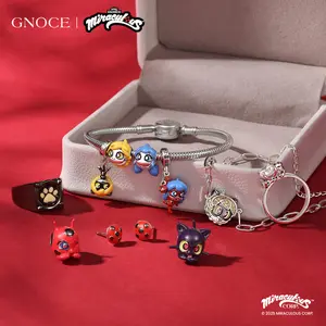 Gnoce Miraculous Cat S925 Noir Chain Bracelet with Colorful Charms/necklace/ring and Keychain Set Officially Licensed Product Quality Gift