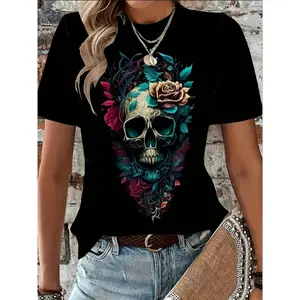 Women'S Casual Crew Neck T-Shirt With Floral Skull Print,Unisex T-shirts S-5XL