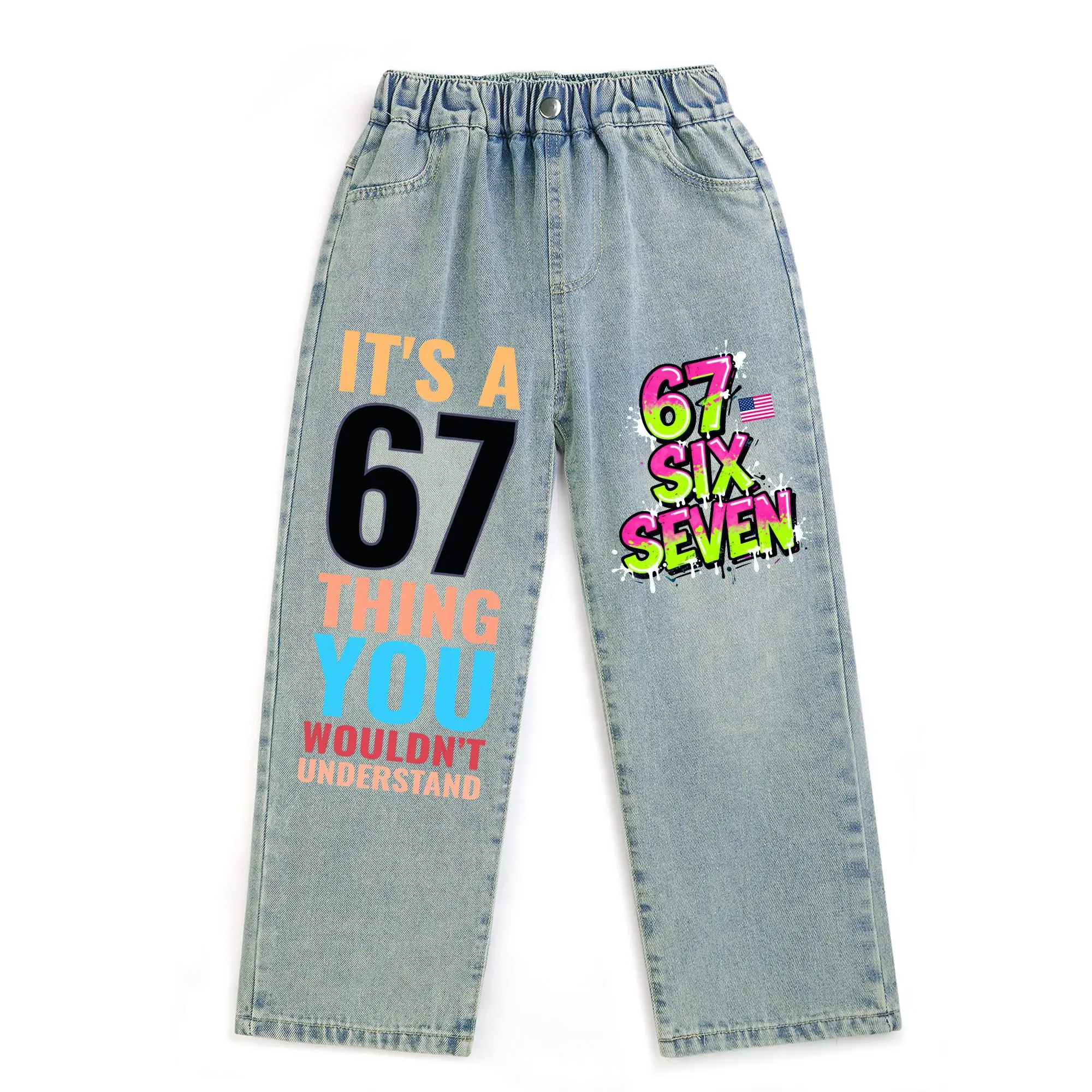 Kid's Jeans for Boys and Girls 6 7 SIX SEVEN Football Print Fashion Casual Comfy Denim Jeans for children between 7 and 13 years old. AB-83