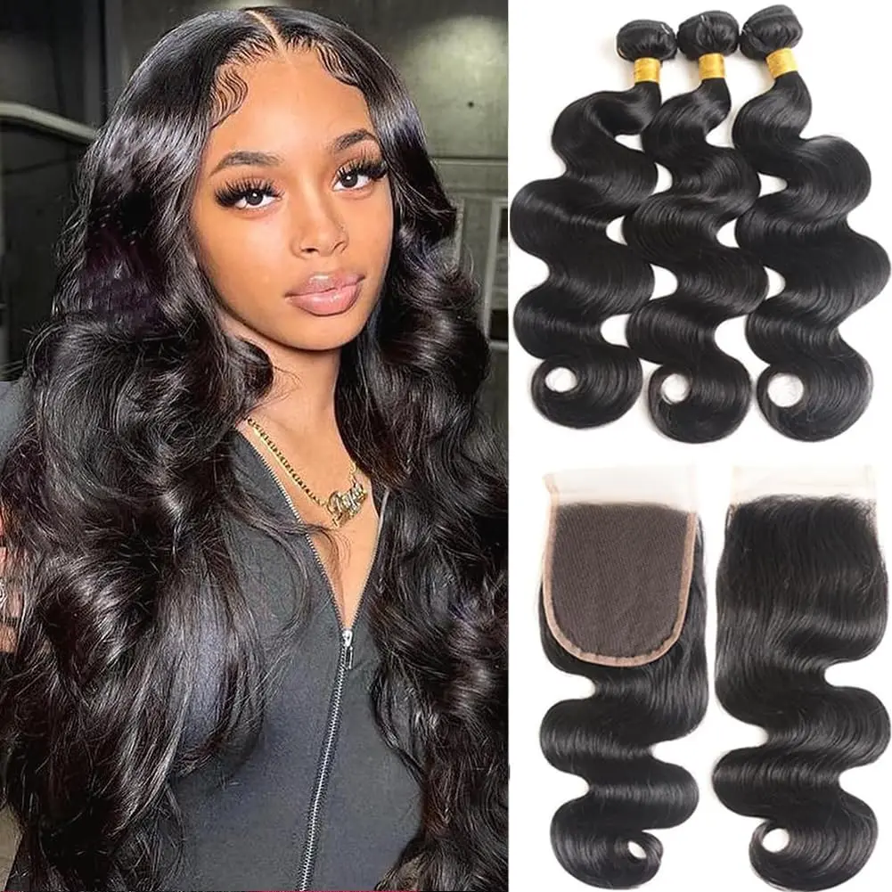 Asakiss Hair Body Wave Bundles Human Hair With Lace Closure 100% Unprocessed Brazilian Virgin Hair Body Wave Straight Bundles Human Hair Quick Weave Extensions Natural Black Brazilian Virgin Hair Bundles Hair Extensions Real Human Hair