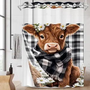 1PC Double Layer No Hooks Shower Curtain, Highland Cow with Plaid Scarf & Daisies Print, Rustic Farmhouse Bathroom Decor, Detachable Buckle Liner for Home Hotel, 71×74 Inch