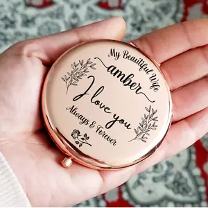 Personalized Rose Gold Pocket Makeup Mirror 2.5" Round Double Sided with 2X Magnifier for Makeup & Tweezing Gift for Mom Wife Girlfriend