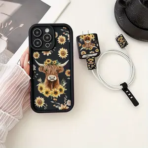 5 Piece Set Sunflower & Cow Phone Case, Charger Head Cover, Cable Protector, Storage Rope, Anti-Drop Tpu Case for iPhone 6-17 Pro Max