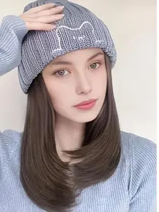 10-inch Synthetic Hair Extensions Winter Beanie Topper Cable Knit Slouchy Hat Wig Combo Warm Fashionable Headwear for Autumn Winter Halloween Christmas Women's Stylish Accessory
