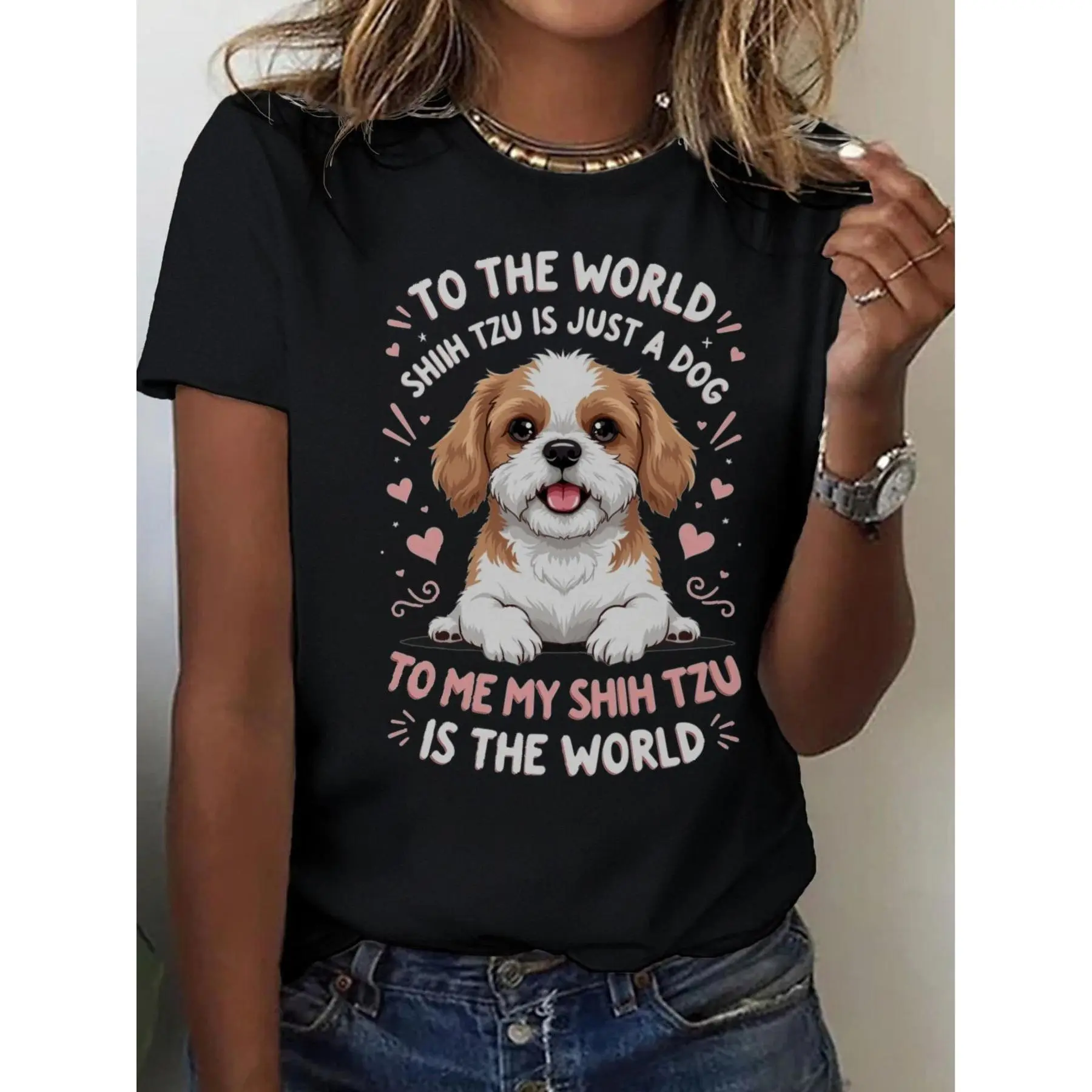 Women's 100% Fabric Round Neck Short-Sleeve T-Shirt, Cute Shih Tzu Heart Print Comfortable Casual Top