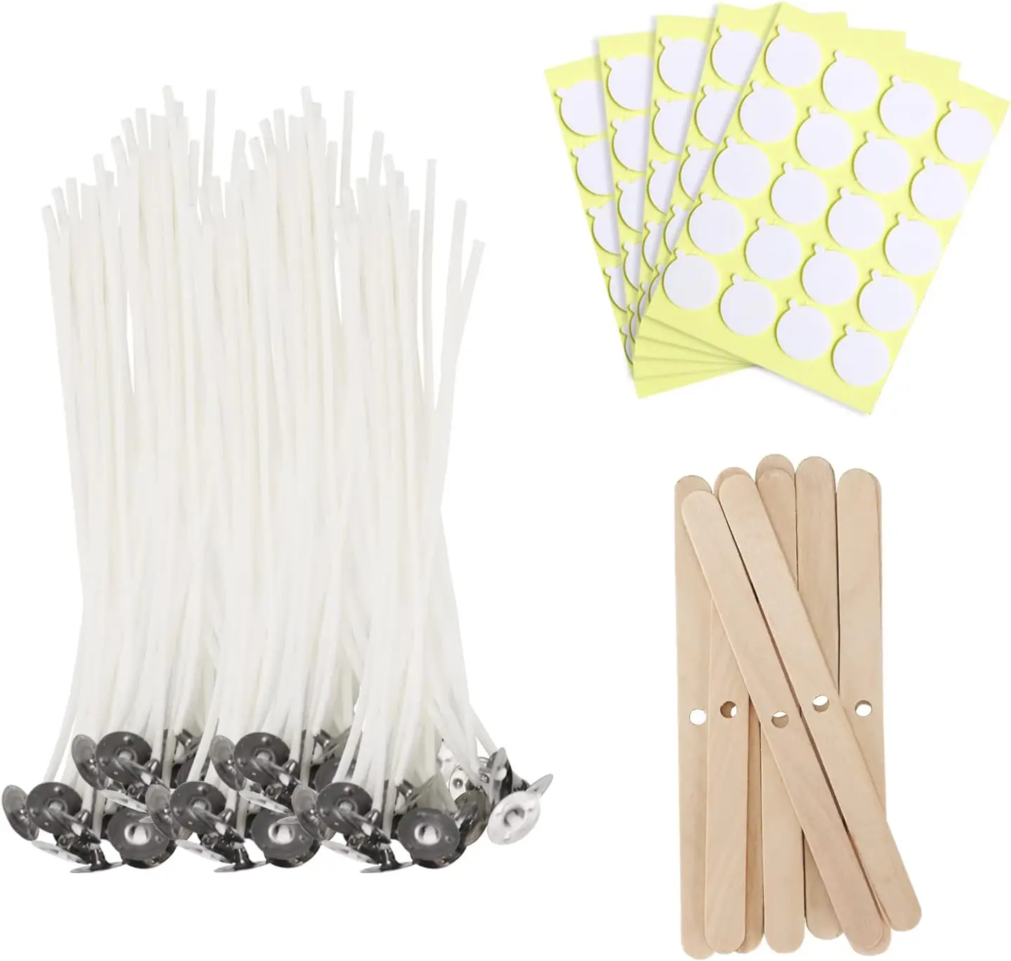 Candle Wick 6 in 100 count with 100 count Wick Stickers and 10 count Candle Wick Holders, Cotton Candle Wicks for Candle Making for Soy Wax, Beeswax, Coconut Wax