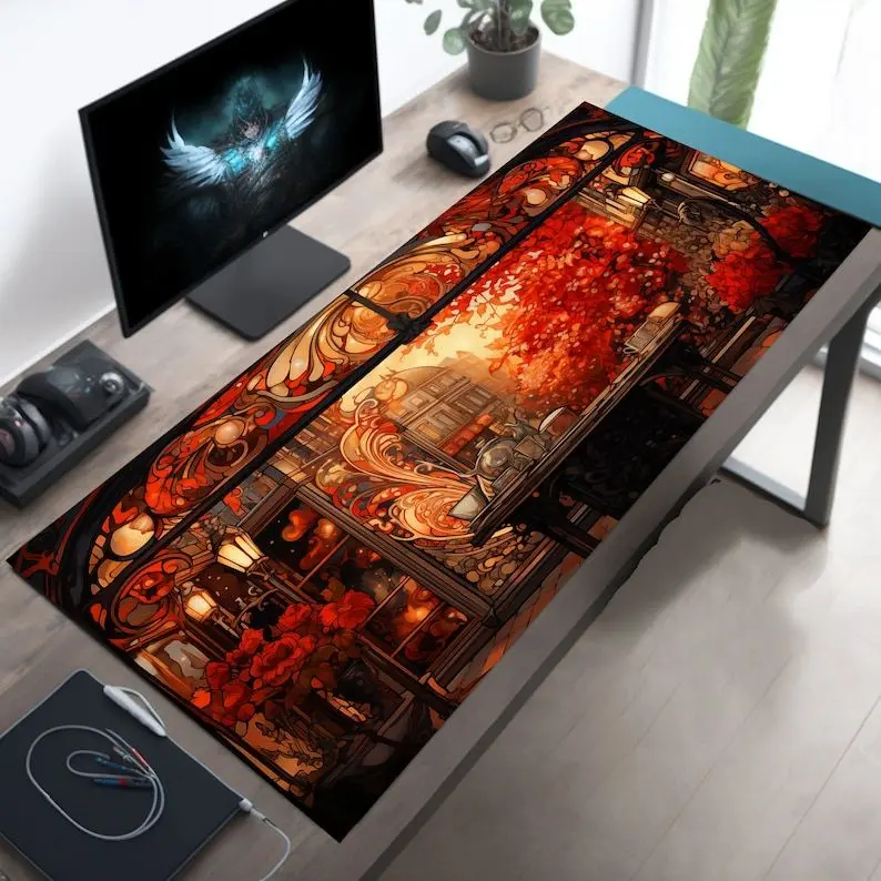 Mesmerizing Autumn Cafe, Art Nouveau Desk Mat, Artisan Mousepad, Aesthetic Desk Decor, Cute Desk Decor, Gift for Her, Long Extra Large Big