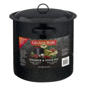 Granite Ware Enamel on Steel Multiuse Pot, Seafood / Tamale / Stock Pot Includes Steamer Insert, 15.5-Quart, Black