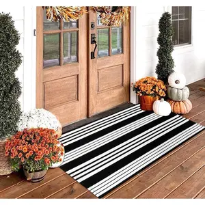 Black and White Striped Rug (27.5 x 43 Inches),Black and White Outdoor Rug, Hand-Woven Striped Rug Indoor/Outdoor Area Rug Front Door Floor Mat for Farmhouse/Porch/Living Room.
