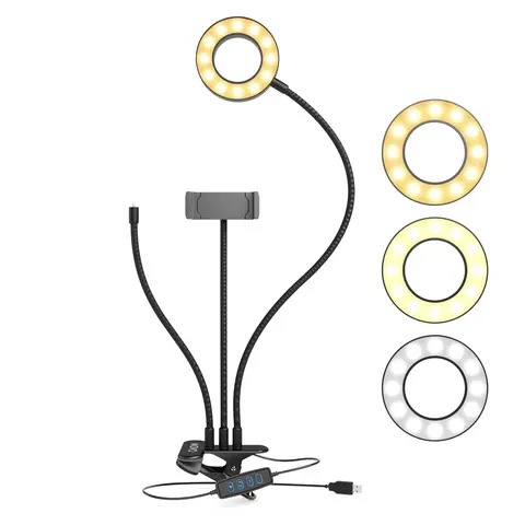 Movo - VGC-3 Selfie Ring Light Stand with Cell Phone Holder and Third Flexible Arm with a 1/4" Mount for Microphones  - Compatible with iPhone/Android
