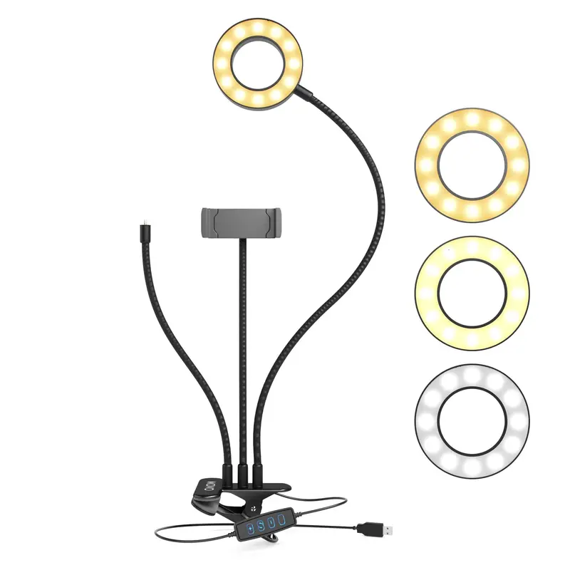 Movo - VGC-3 Selfie Ring Light Stand with Cell Phone Holder and Third Flexible Arm with a 1/4" Mount for Microphones  - Compatible with iPhone/Android