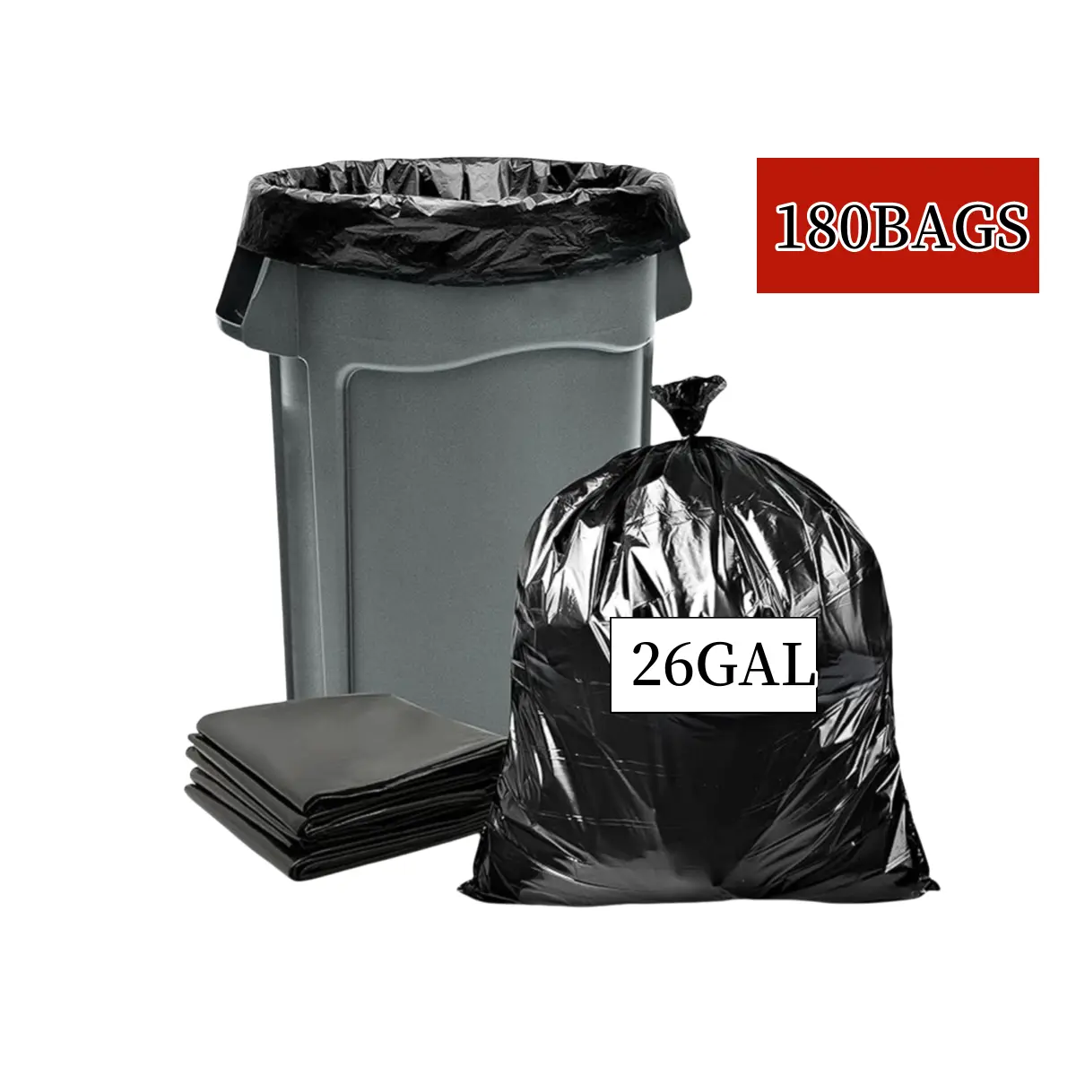 26 Gallon Black Trash Bags (Value 180 Bags), High Density Kitchen Waste Bags