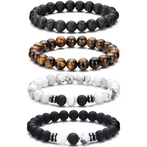 Tiger Eye Bracelet For Men 8MM Natural Stone Stretch Adjustable Black Crystal Beaded Bracelet for Men Women Gifts