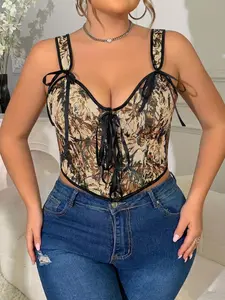 Plus Size Retro Floral Jacquard Corset Top, Adjustable Front & Back Straps, Slimming Fishbone Bralette, Outerwear & Layering Piece, Underwear