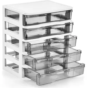 5 Drawer Desktop Storage Bin Unit, Small Plastic Organizer, White Frame with Clear Drawer, Mini Container Case for Desk, Storing Craft, Accessory, Stationery