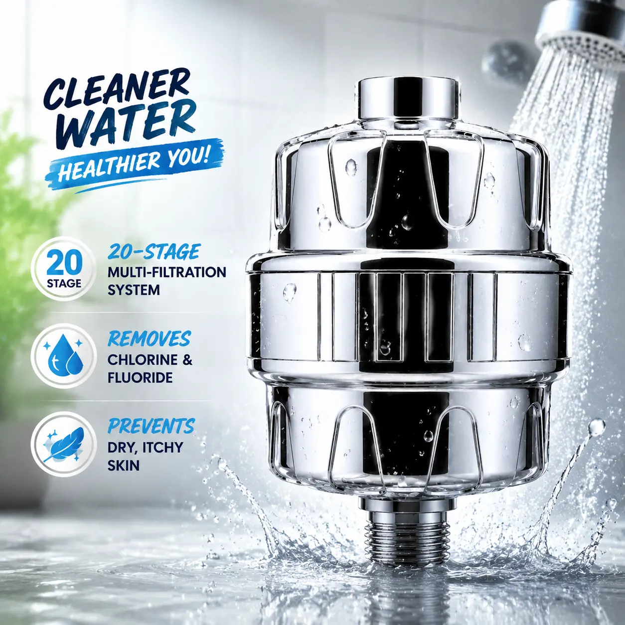 20-Stage Shower Filter – Removes Chlorine & Metals from Hard Water, Protects Skin & Hair