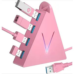 P-CWA01  4-Port USB 3.0 Hub, FlyingVHUB Vertical Data USB Hub with 2 ft Extended Cable, for Mac, PC, Xbox One, PS4, PS5, iMac, Surface Pro, XPS, Laptop, Desktop, Flash Drive, Mobile HDD(Pink)