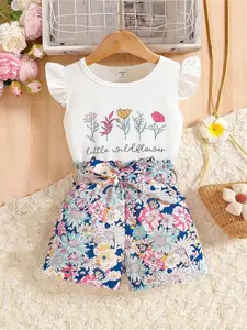 Young Girl Summer Vacation Solid Color Cap Sleeve Top And Tropical Print Shorts Outfit