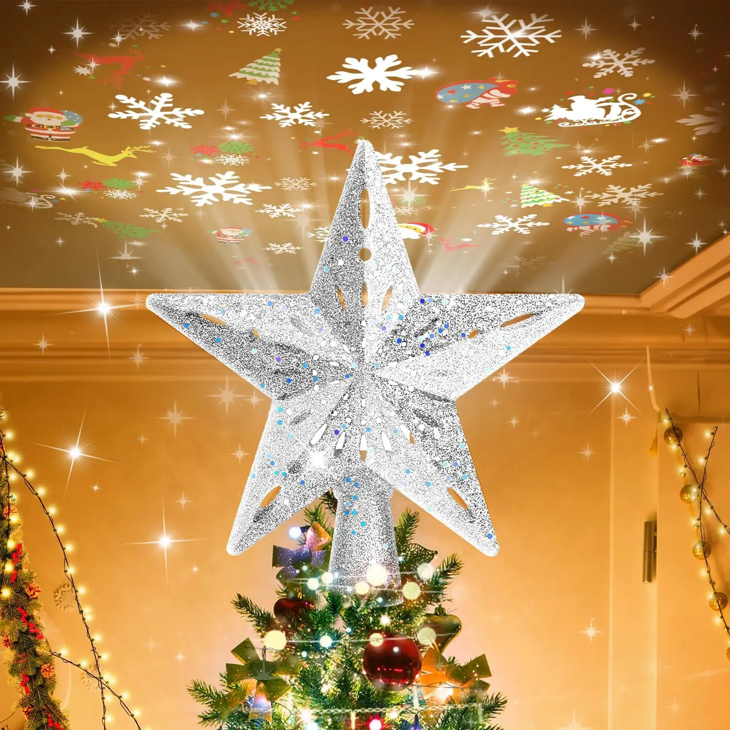 Christmas Tree Topper Lighted with 6 Projection Modes, Christmas  Tree Topper Built-in LED Rotating Lights,  3D Glitter Dynamic Projection for Christmas Tree Decorations