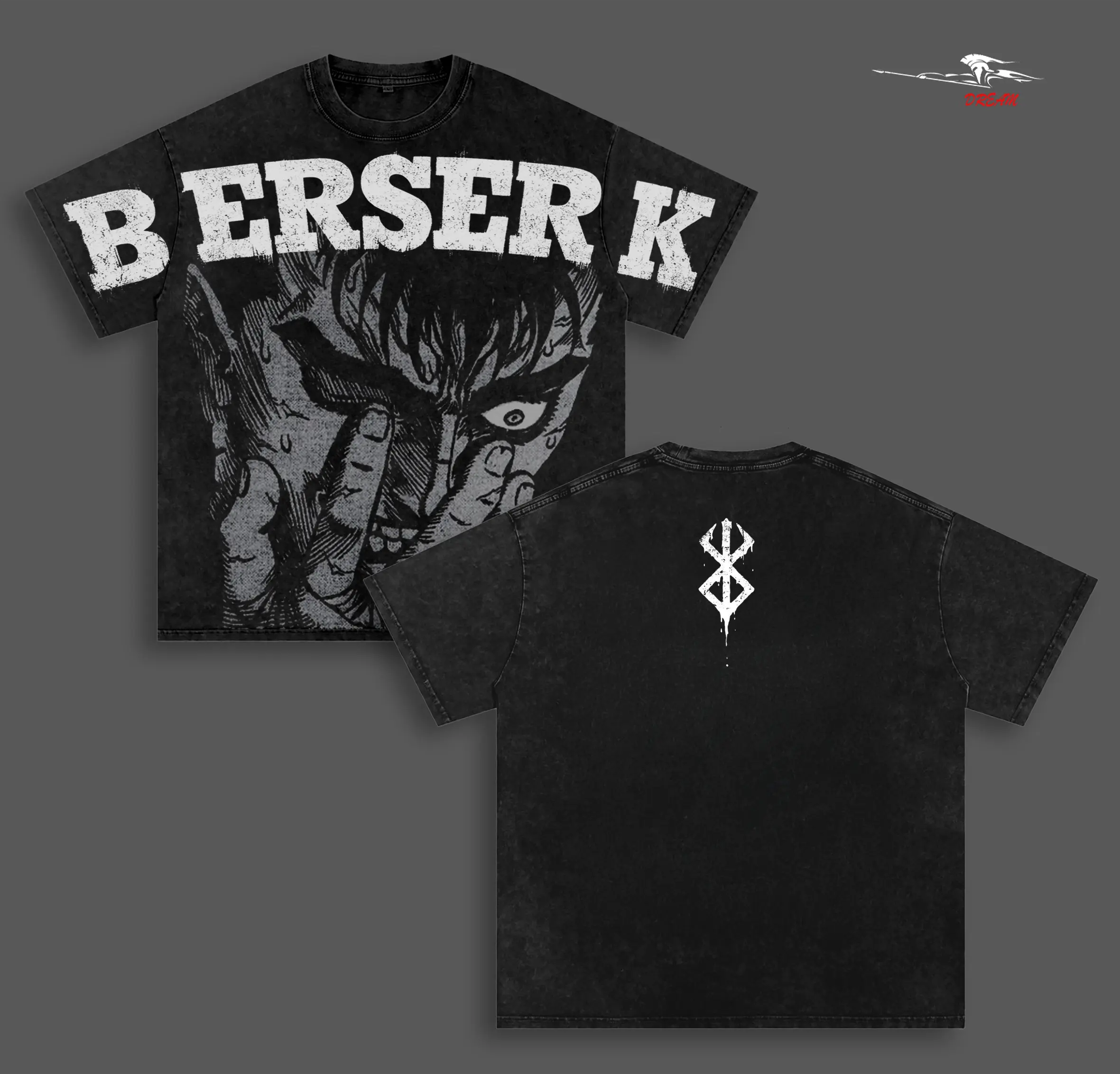 Guts Berserk Anime Double Printed Vintage Washed Tee Unisex Oversize Heavyweight Cotton T-shirt for Anime Fans and Lovers