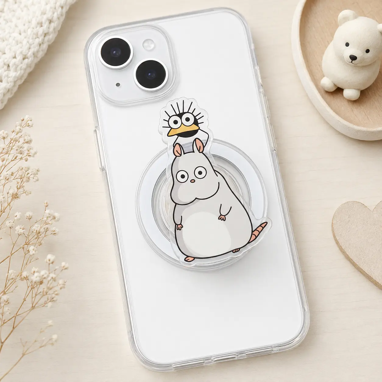 Cute Gray Forest Spirit Magnetic Phone Grip, Kawaii Forest Spirit Phone Holder Stand, Cartoon Animal Phone Accessory, Gift for Anime Fans Acrylic Aesthetic