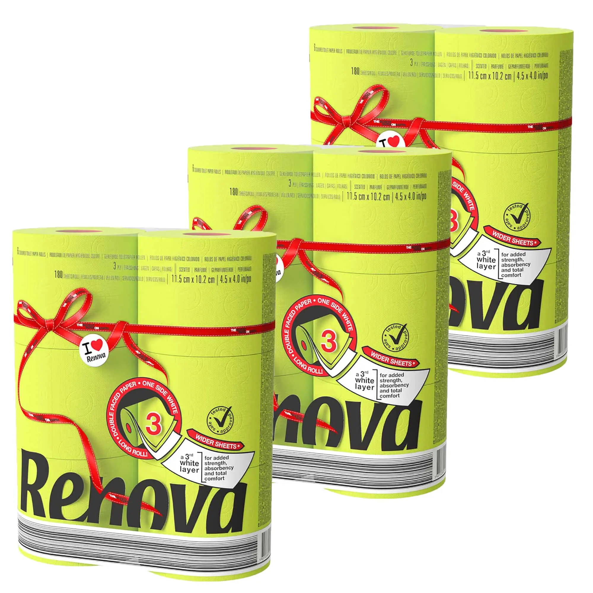 Renova 18 Lime Green Toilet Paper Jumbo Rolls- 3 Packs of 6 loo - 3 Packs of 6 jumbo Rolls, 180 Sheets Each - 3 Ply - EMAS & Ecolabel Certified - Dermatologically & Gynecologically Tested - Elevate Your Restroom with Sustainable Luxury