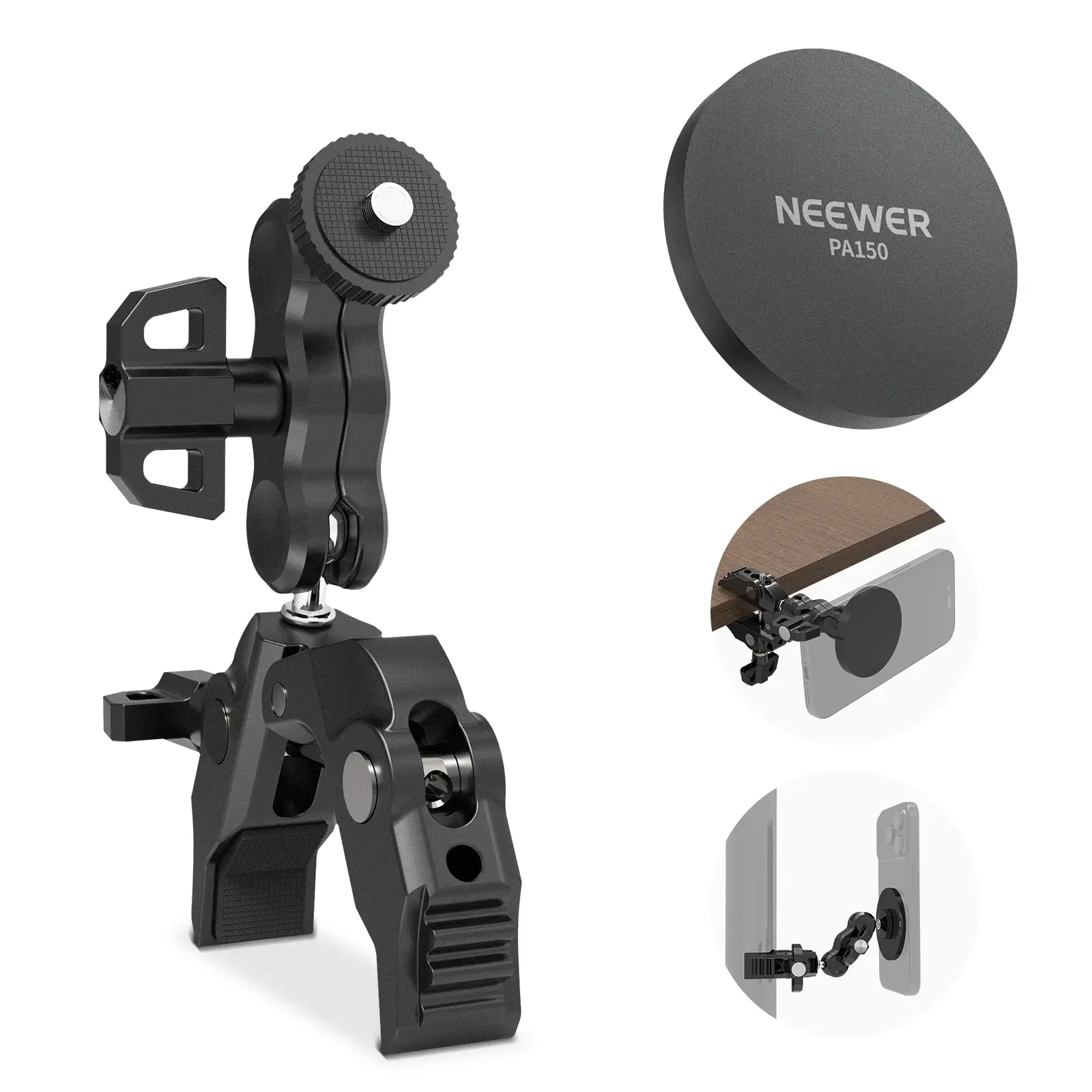 NEEWER PA150 Magnetic Mobile Phone Holder with Super Clamp, Adjustable Metal Holder with 1/4" Screw & Ball Heads, Magic Arm Compatible with MagSafe iPhone/Andriod/Omso Pocket 3&4 for Pole, Tripod, Microphone Stand, Table tiktokshopbacktoschool, Cell Phone