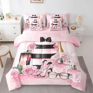 Fashion Luxury Girly Comforter Set with Sheets, Pink Floral Bed in a Bag for Girls Women,High Heel and Perfume Boho 7 Piece Bedding Set