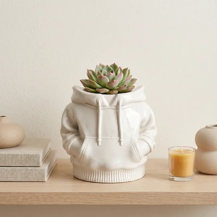 Hoodie Sweatshirt Planter Gypsum White 4" | Sculptural Novelty Planter | Sunsum Decorative Pot Glazed Ceramic pottery