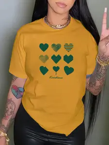 Women's Casual Fashion Loose Round Neck Short Sleeve Top, Heart Letter Print Loose T-Shirt, Fitted Style, Comfortable Summer Wear