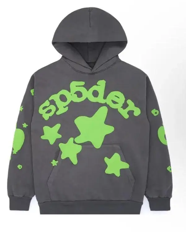 Men's Sp5der Worldwide Beluga Slate Grey Hoodie, FW23 Menswear Hoodie & Sweatshirt Top