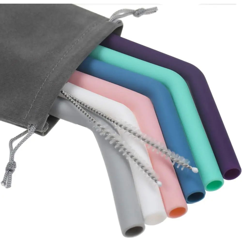 6-Pack Reusable Silicone Drinking Straws - Bisphenol A (BPA)-Free, 8mm Diameter Bent, Extra Long for 20oz & 30oz Containers, Portable Bar Utensils with Cleaning Brushes