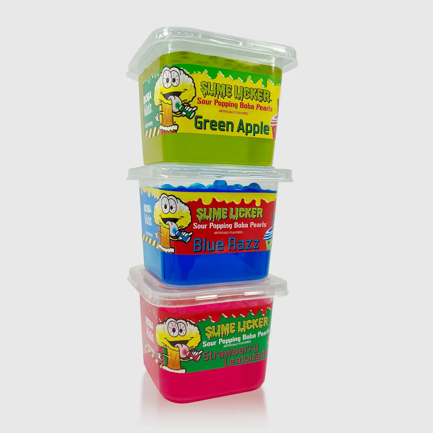 BobaVida 3-Tub Pack Sour Slime Licker Popping Boba - Natural Low-Calorie Vegan Gluten-Free Sugar-Sweet Fruit Candy Pearls, Tangy Bursting Juice Balls, Food & Beverage Topping with Straws, Strawberry Boba Snack