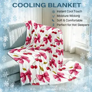 Summer ultra-soft cooling blanket, sweet bow cherry pattern skin-friendly breathable style, lightweight breathable cooling blanket for heat-sensitive people, suitable for home sofa and bed dual use, cool nap blanket, Blanket for couch