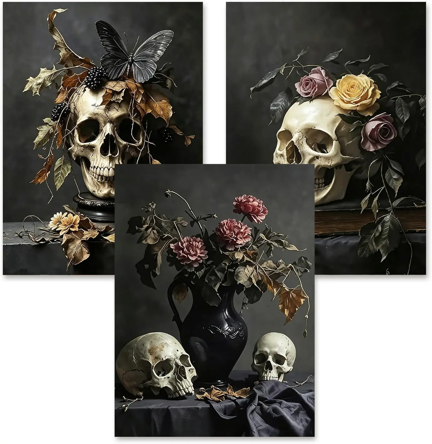 3 Pack 5D Diamond Painting Kit Dark Gothic Still Life Skull Dried Rose Butterfly Vintage Muted Floral Dark Moody Halloween Crystal Rhinestone Wall Decor Gift