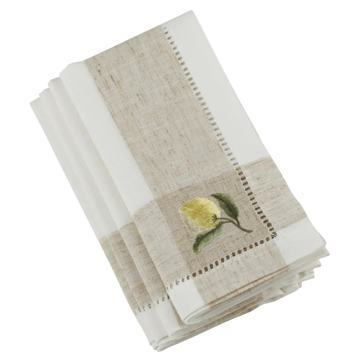 SARO 2232.I20S Hemstitch Napkins with Embroidered Lemon Design Ivory- Set of 4