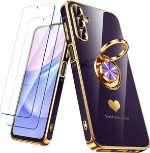 Samsung Galaxy A15 5G Case with 2 Pack Screen Protectors, Luxury Hearts Pattern Gold Plating Edge Slim Soft TPU Phone Cover with 360° Rotatable Ring Holder Kickstand Protective Case for Galaxy A15 Purple