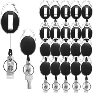 20 Pack Retractable Badge Holder with Carabiner Reel Clip, Badge Reel Bulk ID Card Key Holder with Ring, Sturdy Black Key Chain Extender for Office Work Employee