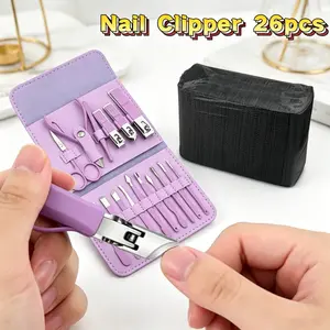 16-piece professional manicure and pedicure set including 10 disposable nail pads, rose gold and purple nail clippers (suitable for trimming artificial nails), portable manicure care tools, and a leather case—ideal for home and travel.