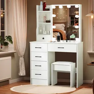 LED Makeup Vanity Desk with Mirror and Dimmable Lights, Vanity Table with Padded Stool and 6 Drawers White
