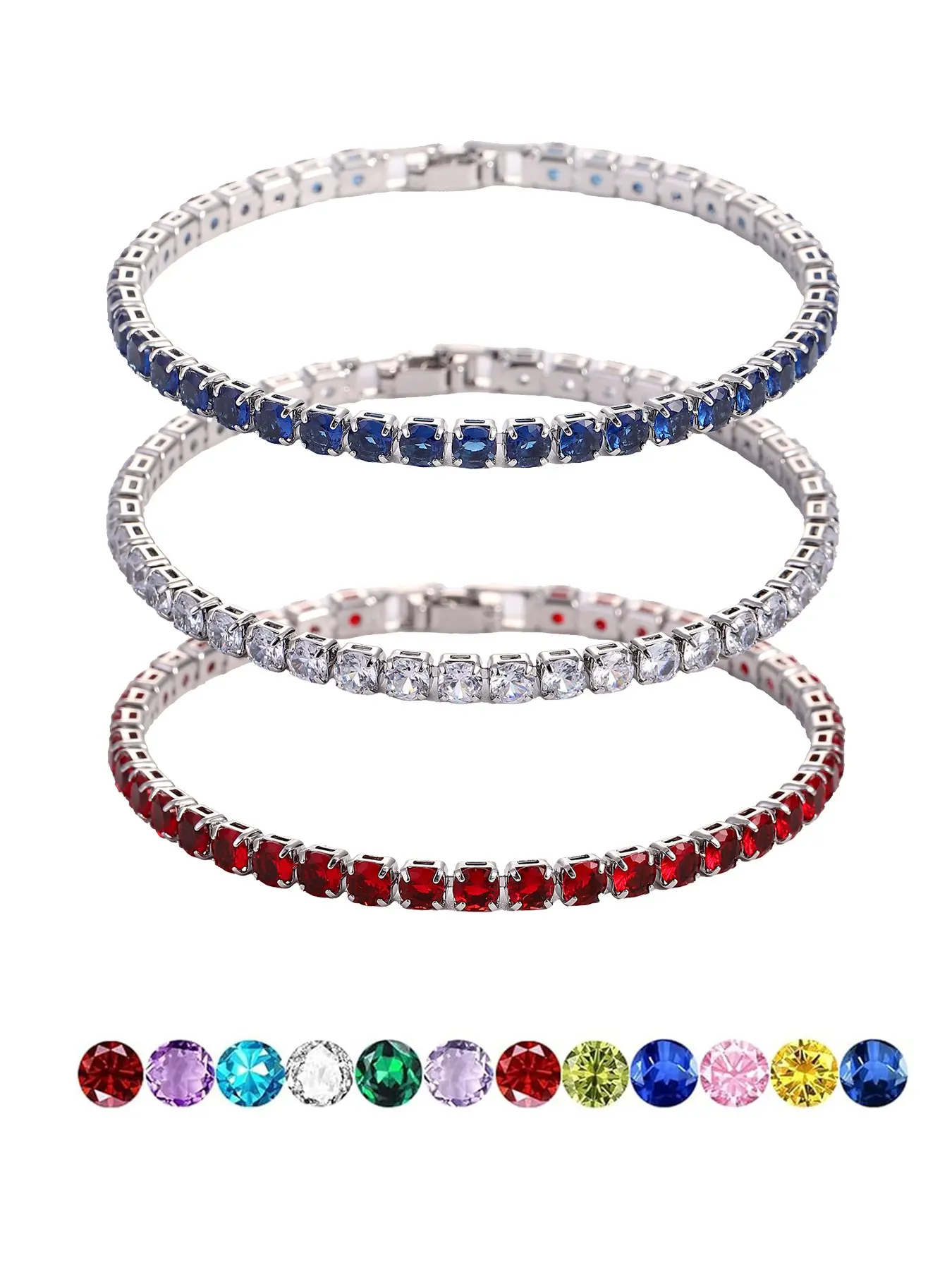 Red, White & Blue Sapphire Tennis Bracelet Set — Exquisite Trendy Bracelet, Patriotic Stackable Jewelry, Ideal for Weddings, Proms, Birthdays, Independence Day & All Occasions. A Thoughtful Unisex Gift for Her/Him. 4mm Wide Patriotic Gemstone Bracelets.