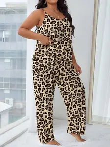 【Plus Size】 Leopard Print Cami Top & Pants Pyjama, Casual Comfy Loungewear Set for Women, Women's Sleepwear for All Seasons, Homewear, Leopard Print Pajamas