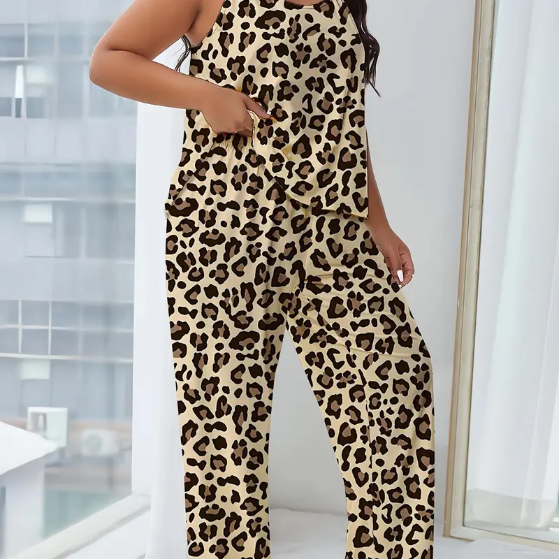 【Plus Size】 Leopard Print Cami Top & Pants Pyjama, Casual Comfy Loungewear Set for Women, Women's Loose Fitting Sleepwear for All Seasons, Homewear, Leopard Print Pajamas