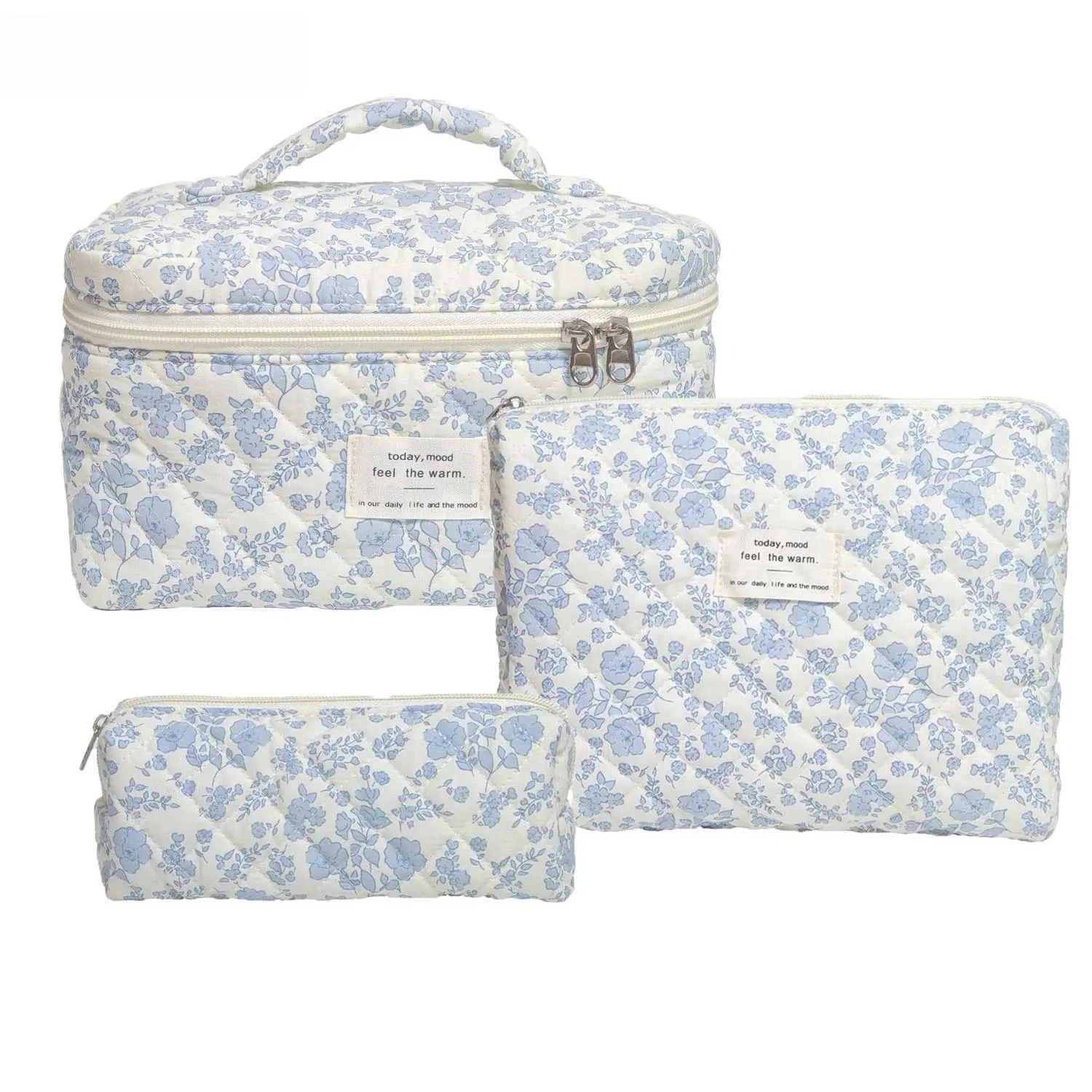 3-Piece Cosmetic Bag Set for Women, Quilted Floral Padded Cotton Pouches for Travel & Makeup Organization, Portable Vanity, Makeup Organizer Pouches, Travel Cosmetic Bags, Vanity Organization