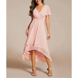 2025 Summer Solid Color Ruffle Sleeve Pleated V-neck A-line Midi Dress Women's Fashion