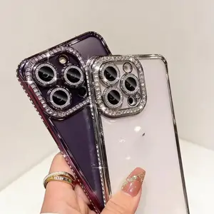 Luxury Diamond Plating Phone Case for iPhone 17 16 15 14 13 12 Pro ProMax PLUS Air Shockproof Protective Cover Anti-Scratch Slim Transparent Anti-Yellowing Lens Protection