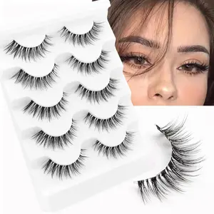 Veleasha Lashes Wispy False Eyelashes 100% Handmade Eyelashes Natural Look Fake Lashes Lightweight Lashes with Soft Clear Band 5 Pairs Pack (G2)