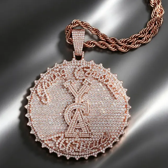 Men's 2-72 RCC Round Full Diamond Hunk Pendant Necklace - 3D Zircon Trendy Hip-Hop Costume Jewelry with Letters, for Male Street, Casual Wear