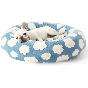 Donut Small Dog Bed - Round Cat Beds for Indoor Cats Calming Pet Beds, Cute Modern Beds with Jacquard Shaggy Plush & Anti Slip Bottom, 30 Inch, Blue