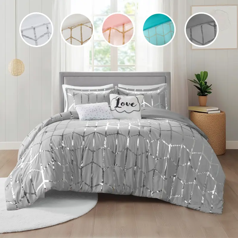 California King Antibacterial Soft Microfiber Bed Cover Set - Bedding Sets with 2 Standard Shams, 1 Oblong Pillow, 1 Square Pillow, Silver Metallic Geometric Embroidery, Hypoallergenic Fill, Wrinkle-Resistant, Spot Clean, All Seasons, Bedroom Inspo